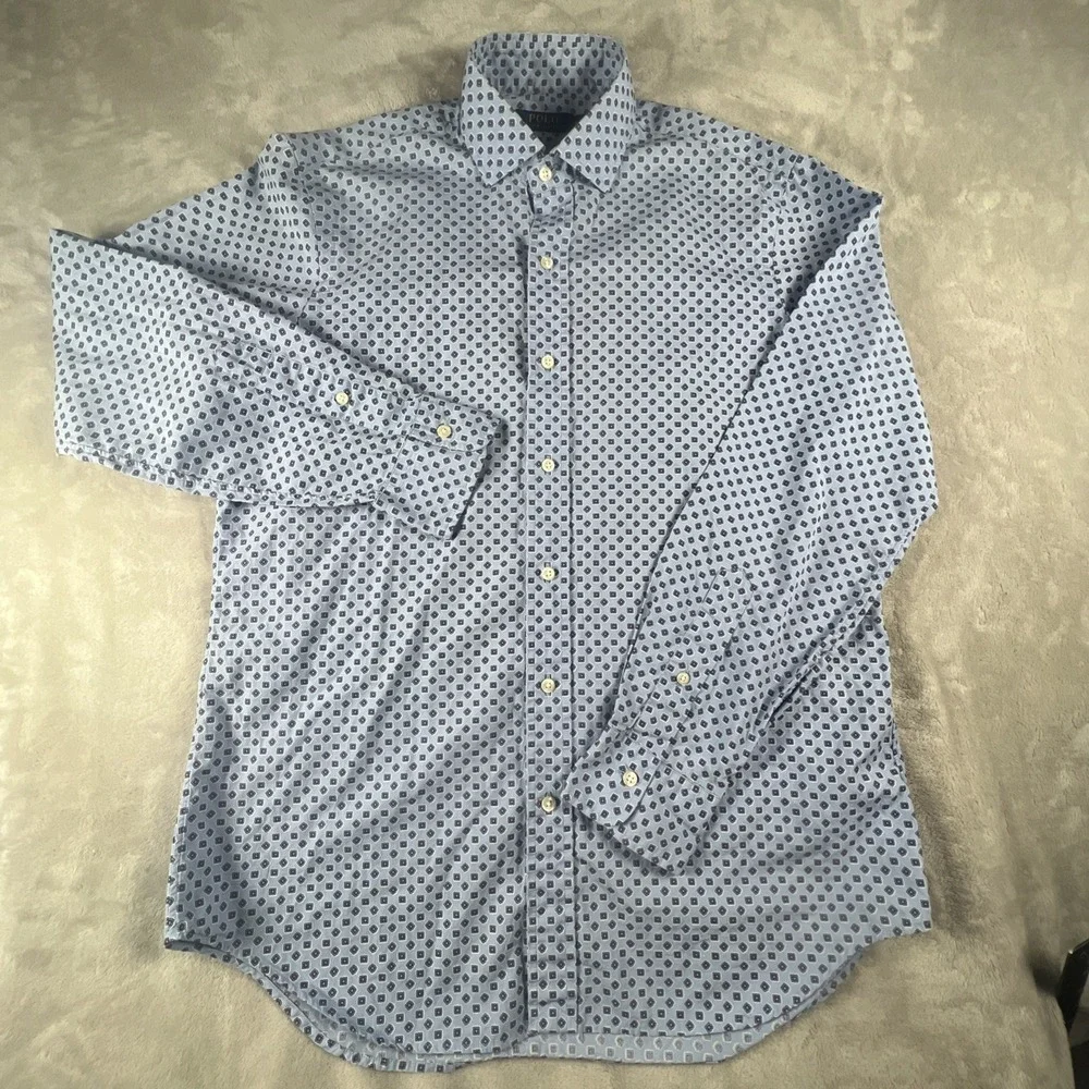 Polo Ralph Lauren Shirt Mens Medium Blue Geometric AOP Classic Stretch Button Up